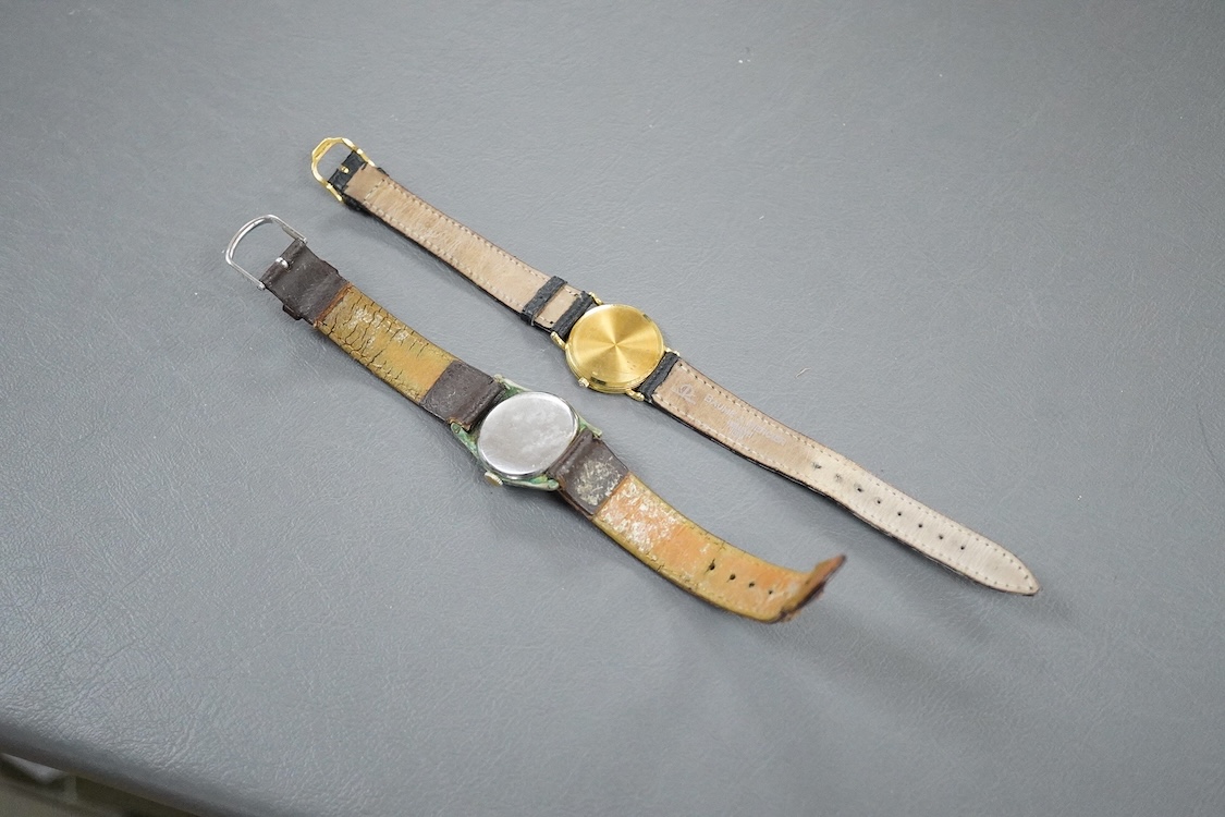A lady's 18k Baume & Mercier quartz dress wrist watch, with Arabic dial, case diameter 27mm, the case back numbered 15602 1877944, on a Baume & Mercier black leather strap, together with a base metal Ralco manual wind wr